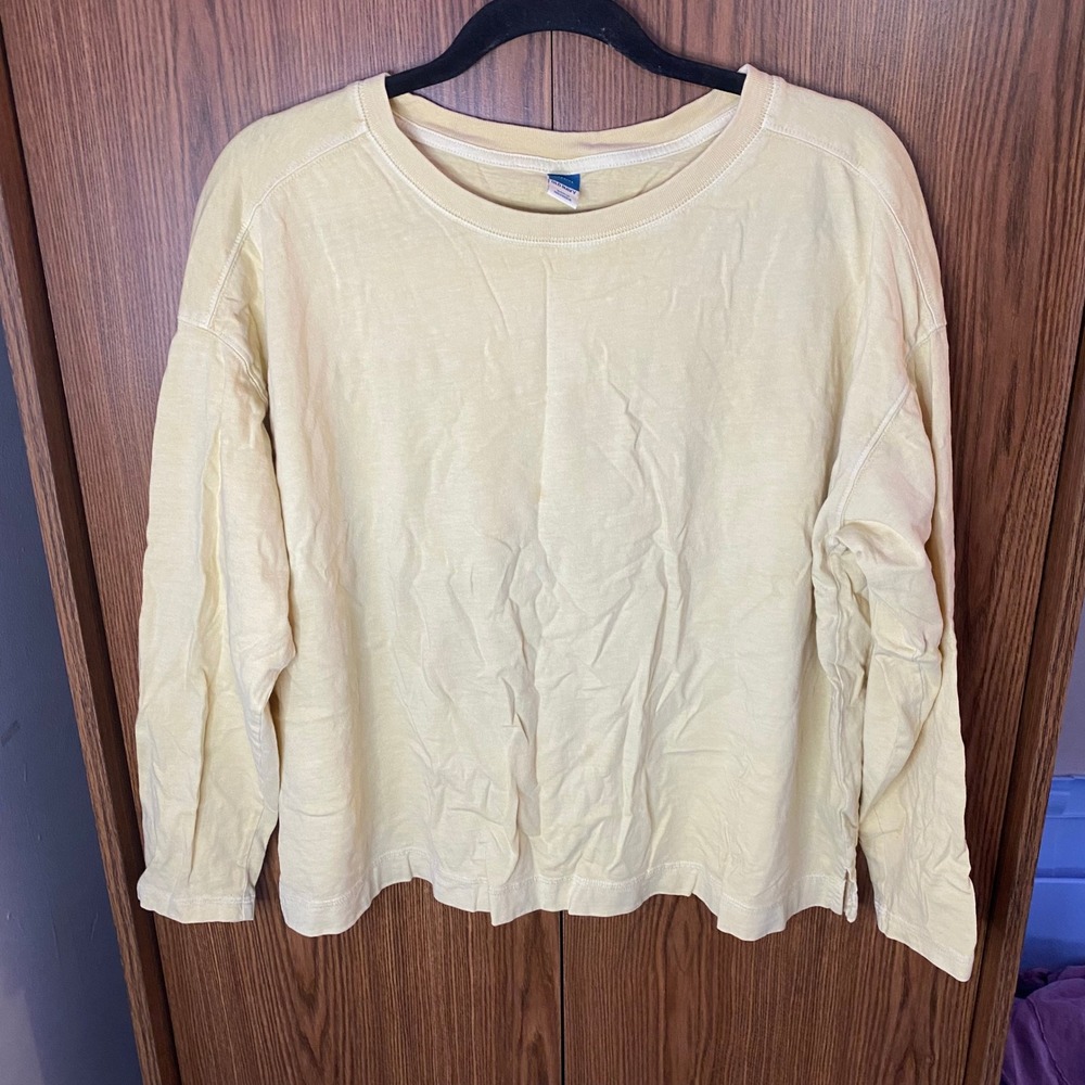 Old Navy FLAWED Long‎ Sleeve T-Shirt Womens L Petite Yellow Cotton Drop Shoulder